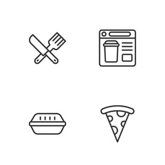Set line Slice of pizza, Lunch box, Crossed knife and fork and Online ordering food icon. Vector