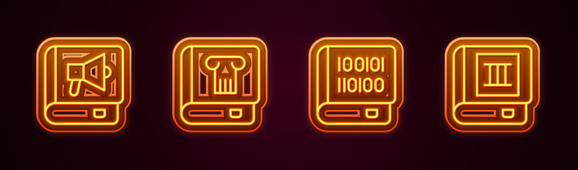 Set line Book, History book, Books about programming and . Glowing neon icon. Vector