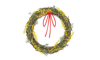 ミモザとリボンのリースのイラスト