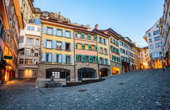 Colorful historical houses in Lausanne Old town, Switzerland