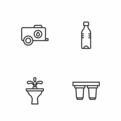 Set line Water filter cartridge, Fountain, Mobile water tank and Bottle of icon. Vector