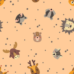 Cute animals, baby seamless hand drawn pattern. Digital paper depicting deer, elk, wolf, squirrel, badger, beaver and raccoon. Vector illustration.	