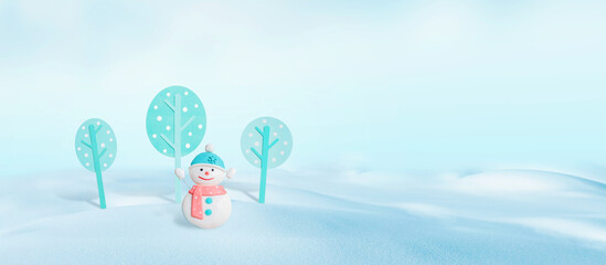 Winter decorations of snowman and trees with empty space for winter holidays greeting text