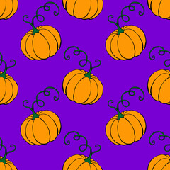Vector seamless pattern with orange pumpkins with mustache. Halloween or thanksgiving background and texture