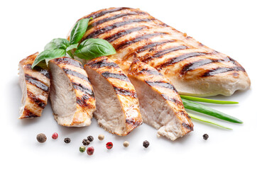 Grilled chicken fillet with herbs isolated on white background.