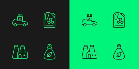 Set line Garbage bag, Factory production, Electric car and Radioactive waste in barrel icon. Vector