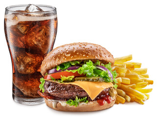 Delicious cheeseburger with cola and potato fries on the white background. Fast food concept. - obrazy, fototapety, plakaty