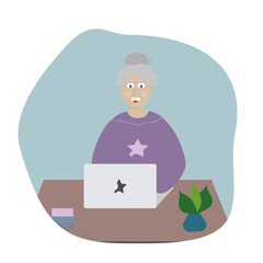 cartoon grandmother with the laptop. grandmother sitting at a table with a computer. person in the office. grandmother at the table. Vector illustration.Work, homeschooling. Freelance grandma.