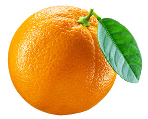 One ripe orange fruit with green leaf on white background. File contains clipping path.