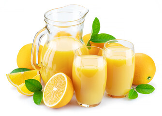 Yellow orange fruits and fresh orange juice isolated on white background.