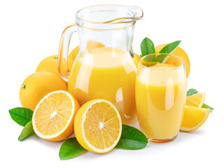 Yellow orange fruits and fresh orange juice isolated on white background.
