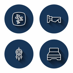 Set line Sleepy, Bed, Dream catcher with feathers and Big bed with long shadow. Blue circle button. Vector