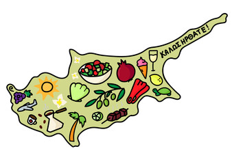 Illustrated map of Cyprus with symbols and landmarks.