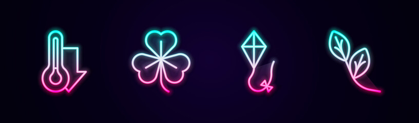 Set line Thermometer, Clover, Kite and Leaf. Glowing neon icon. Vector