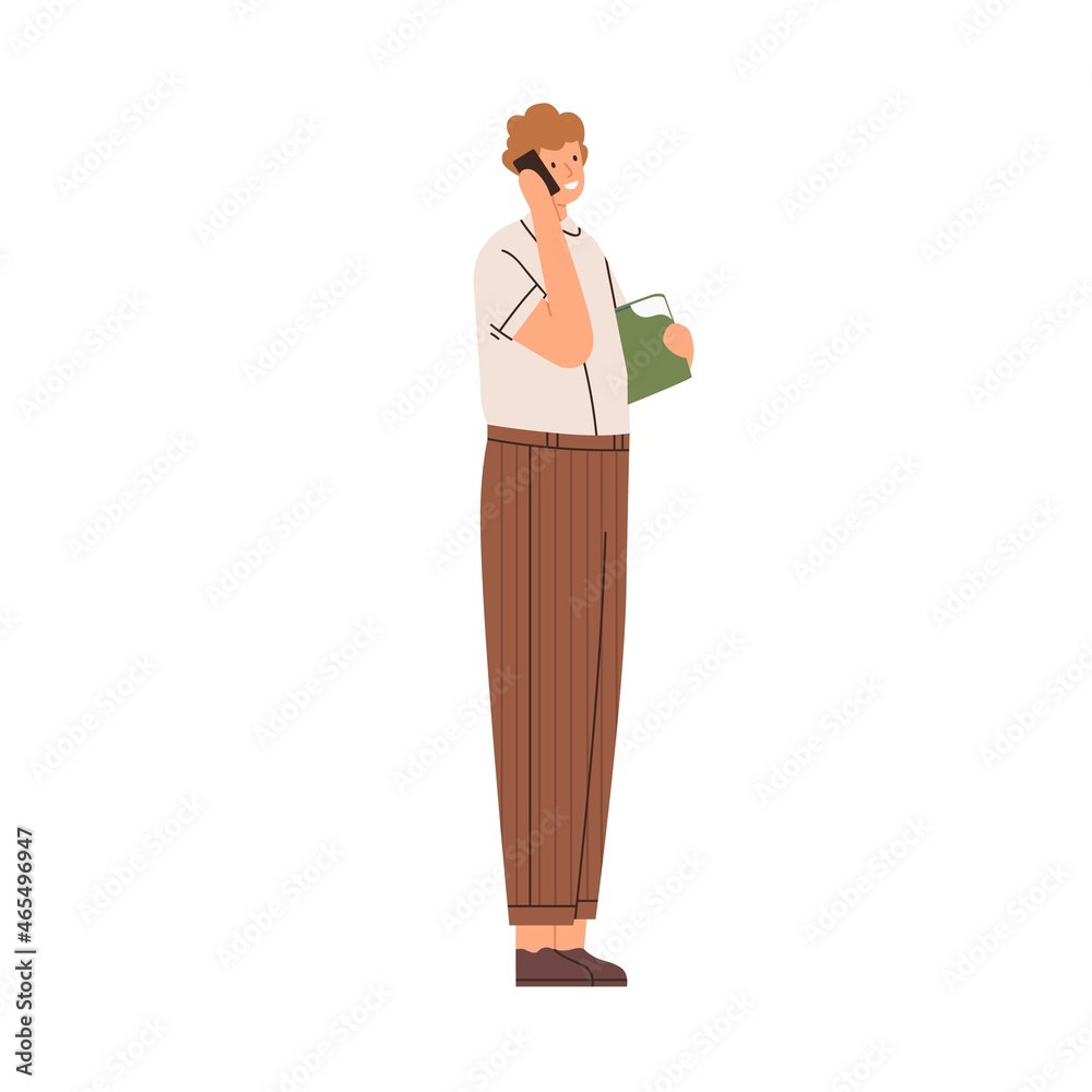 Poster happy man standing and talking on mobile phone. businessman speaking on smartphone on business. smil