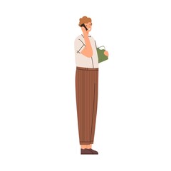 Happy man standing and talking on mobile phone. Businessman speaking on smartphone on business. Smiling person calling with cellphone in hand. Flat vector illustration isolated on white background