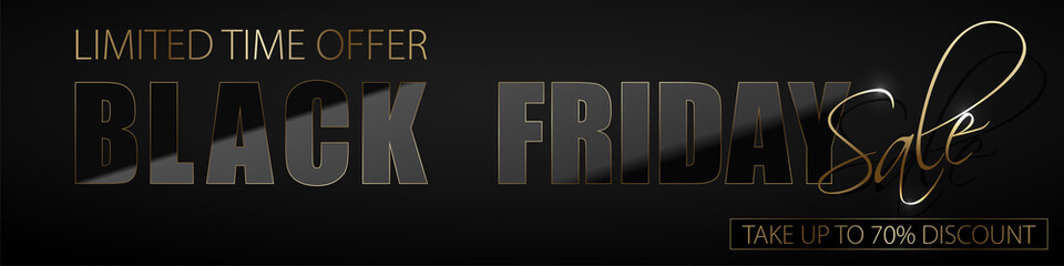 Black Friday Sale vector horizontal banner. Glossy lacquered black letters with thin golden frame on dark background. Glass effect reflection. Limited time only, up to 70 percent discount gold text