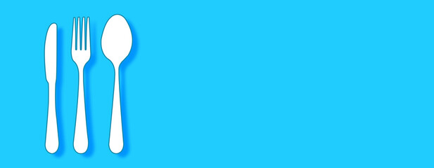 Spoon fork and knife Concept on blue background. Horizontal web banner with copy space, template.