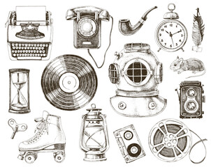 Hand drawn vintage monochrome objects collection