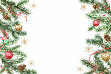 Obraz na płótnie Canvas Watercolor vector card with Christmas balls, snowflakes and fir branches.