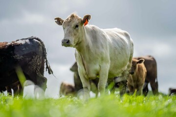 speckle park, Murray grey, Angus cows and calf grazing on lush pasture. while they enjoy the sun...