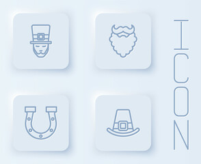 Set line Leprechaun, Mustache and beard, Horseshoe and hat. White square button. Vector