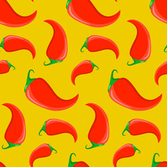 Seamless pattern, red chili peppers on a yellow background, vector for textiles, wallpaper and wrapping paper