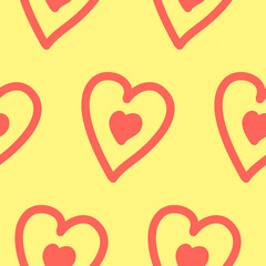 Seamless pattern, heart symbol of love, pink on yellow, vector for textiles, wallpaper and wrapping paper