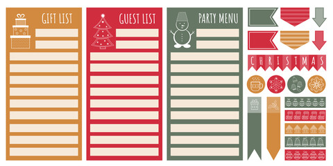 Christmas planner set. Cute Christmas and New Year menu, gift list, guest list and notes template. Note paper and stickers set with winter elements. Template for checklists, preparing for holidays.