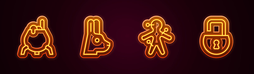Set line Witch cauldron, Rabbit with ears, Voodoo doll and Open padlock. Glowing neon icon. Vector
