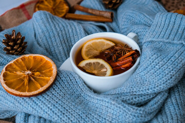 Blue sweater and cup of hot tea with lemon cinnamon sticks and anise star. Dry slices of citrus...