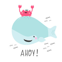 Cute cartoon crab, whale, sea life - adorable illustration for kids.