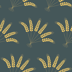 Seamless pattern, ear of wheat rye, rural harvest dark background, vector for textiles, wallpaper and wrapping paper