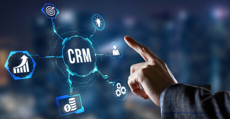 Internet, business, Technology and network concept.CRM Customer Relationship Management. Virtual button.