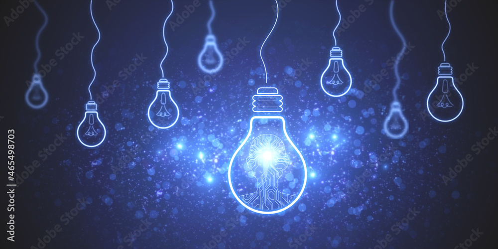 Aufkleber Abstract light bulbs on blue background with circuit man. Artificial intelligence and innovation concept. 3D Rendering.