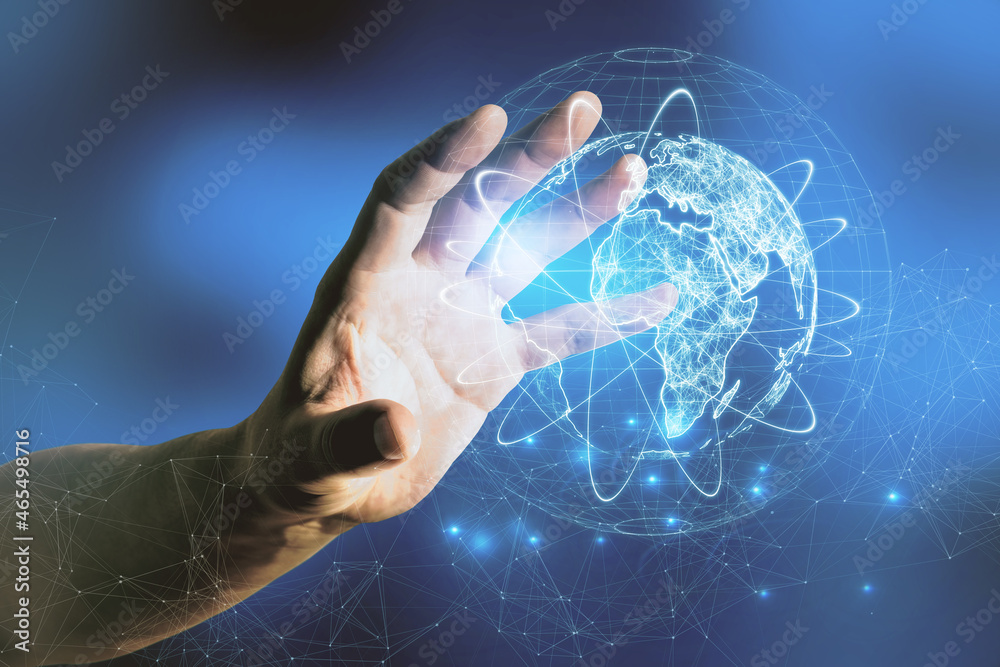 Aufkleber close up of businessman hand holding abstract glowing globe hologram on blurry blue background. digi