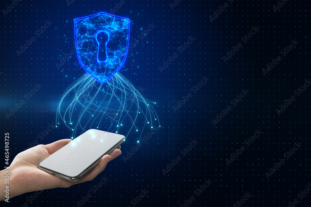 Poster close up of male hand holding smartphone with glowing blue padlock hud on dark background with mock 