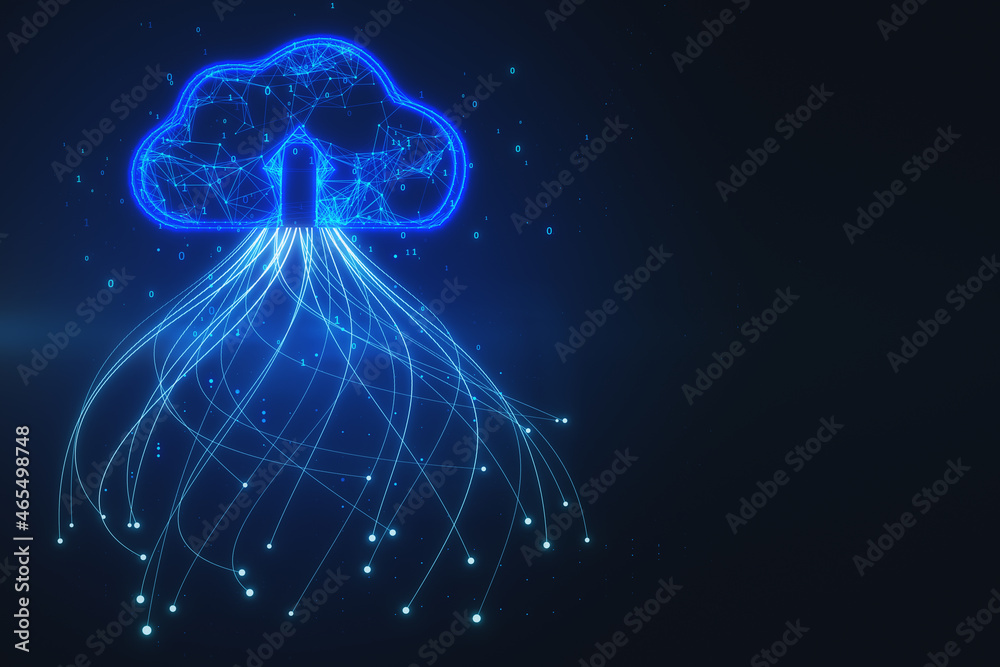 Poster Abstract glowing blue digital cloud with binary code on dark background with mock up place. Computing and coding concept. 3D Rendering.