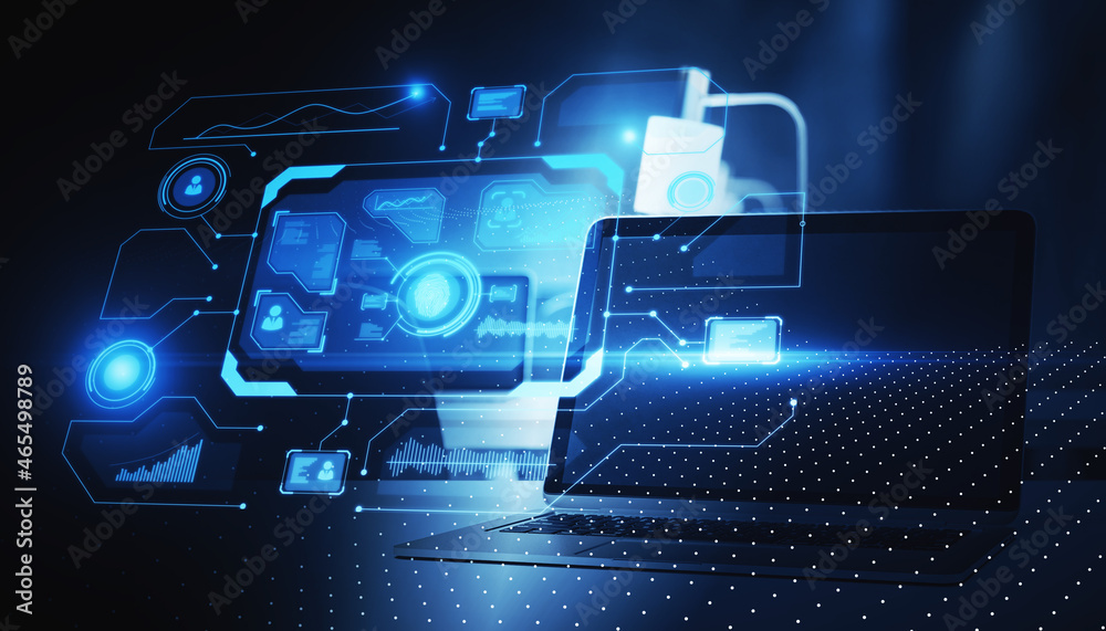 Poster Close up of laptop with abstract glowing finger print security interface on dark background. Web protection, future and safety concept. 3D Rendering.