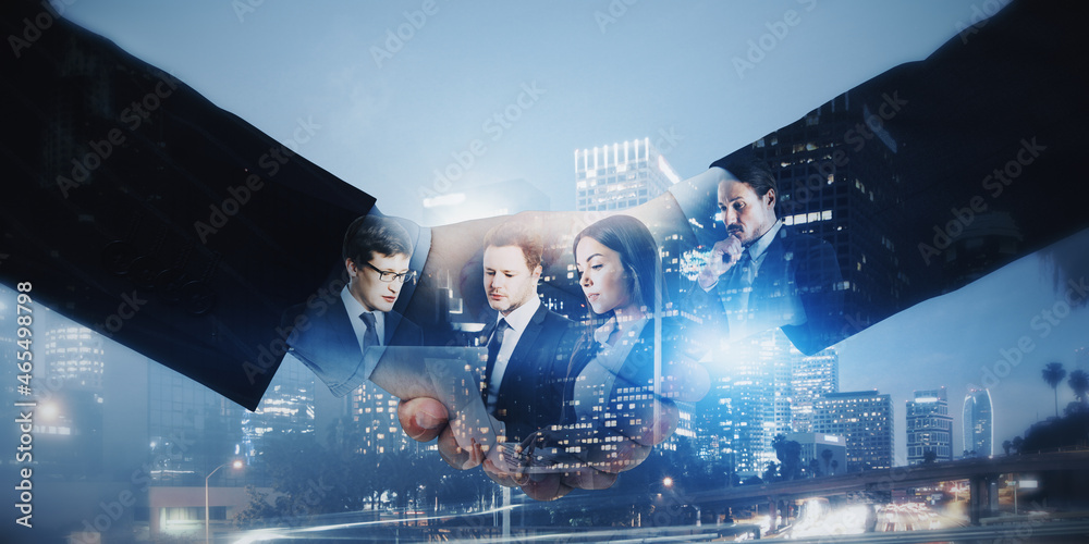 Poster close up of abstract handshake with businesspeople working on bright city background. teamwork and c