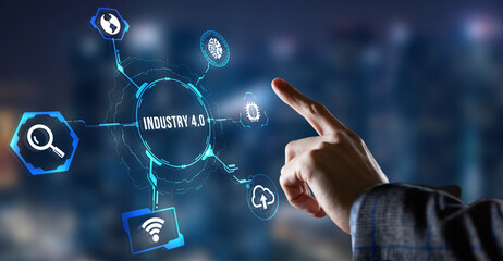 Internet, business, Technology and network concept.Industry 4.0 Cloud computing, physical systems, IOT, cognitive computing industry. Virtual button.