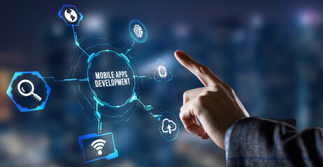 Internet, business, Technology and network concept. Inscription MOBILE APPS DEVELOPMENT on the virtual display. Cloud technology concept. Virtual button.