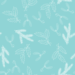 Christmas seamless pattern with holly branch, mistletoe and fir