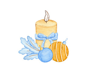 Watercolor isolated illustration. Gentle composition with candle, branch and new year ball. Cute Christmas illustration for postcard, decoration, invitations 