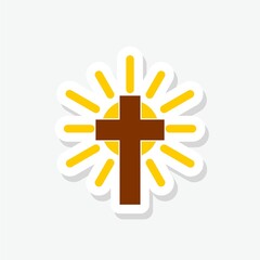 Christian cross with sun rays sticker icon