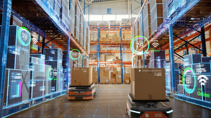 Future Technology 3D Concept: Automated Retail Warehouse AGV Robots with Infographics Delivering Cardboard Boxes in Distribution Logistics Center. Automated Guided Vehicles Goods, Products, Packages - obrazy, fototapety, plakaty