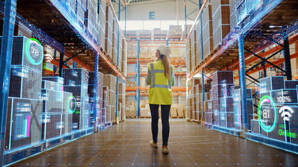 Futuristic Technology Retail Warehouse: Worker Doing Inventory Walks when Digitalization Process...
