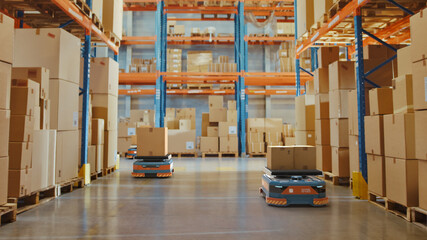 Future Technology 3D Concept: Automated Modern Retail Warehouse AGV Robots Transporting Cardboard...