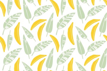 Banana fruit and leaves seamless pattern. Childish bananas hand drawn sketch. Tropical food repeated background. Silhouette vector illustration for menu, textile, wrapping paper, wallpaper, scrapbook