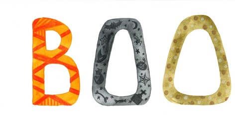 watercolor Halloween greeting card.Hand-drawn BOO lettering with Halloween symbols. Isolated on a white background